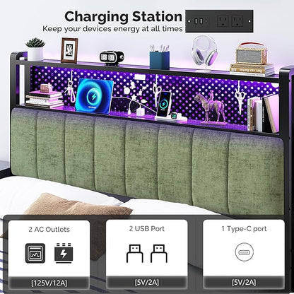 VINGLI Full Size Headboard Only, Adjustable Upholstered Headboard with 2 Tier Shelves and Pegboard with Charging Stations and LED Lights, Modern Bed Headboard with Storage for Bedroom Decor