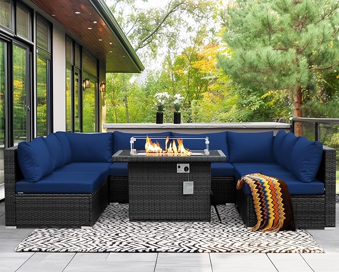 NICESOUL Extra Large 9 Pcs Outdoor Patio Furniture Set with Fireplace Natural Gas/Propane, 29.3'' High Back Modular Sectional Sofas, Modern Conversations for Outside, 2 Color Cushion Royal Blue &Grey