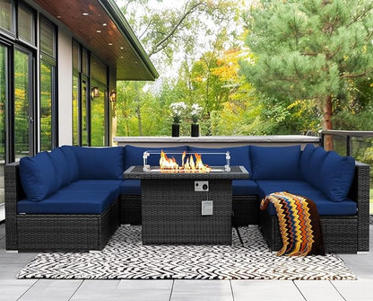NICESOUL Extra Large 9 Pcs Outdoor Patio Furniture Set with Fireplace Natural Gas/Propane, 29.3'' High Back Modular Sectional Sofas, Modern Conversations for Outside, 2 Color Cushion Royal Blue &Grey