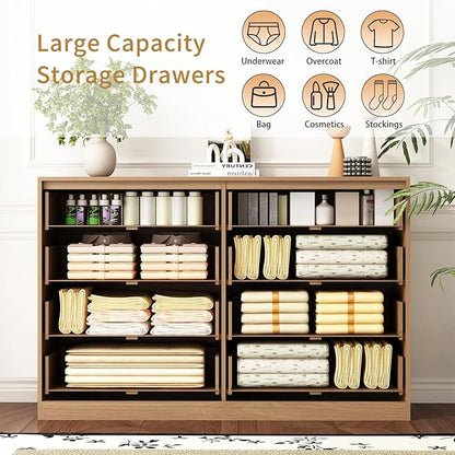 8 Drawer Dresser for Bedroom, Modern Fluted Double Dresser, 55" Wide Chest of Dressers, Mid Century Wooden Beside Table for Closet, Living Room and Entryway, Natural