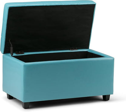 SIMPLIHOME Cosmopolitan 34 inch Wide Transitional Rectangle Storage Ottoman in Soft Blue Vegan Faux Leather, Assembled, For the Living Room, Entryway and Family Room
