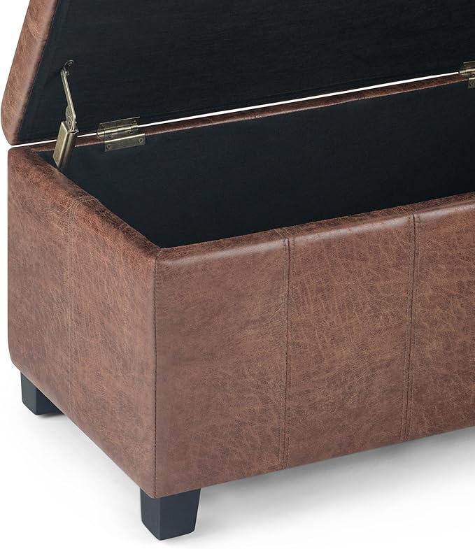 SIMPLIHOME Dover 36 inch Wide Contemporary Rectangle Storage Ottoman Bench in Distressed Umber Brown Vegan Faux Leather, Assembled, For the Living Room, Entryway and Family Room