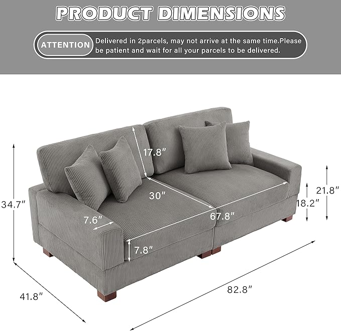 Modular Sectional Couches for Living Room, 82.6" Modern Loveseat 2-Seater Sofa Couch, Upholstered Couches for Living Room Bedroom, Light Grey