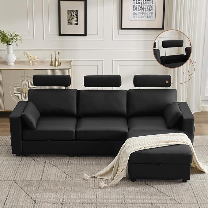 98.2" Modular Sectional Storage Couch, Oversized Faux Leather L Shaped Couch, Modern Cloud Upholstered Sofa with Headrest & Side Pocket, Sectional Sofa for Living Room Apartment Small Spaces, Black