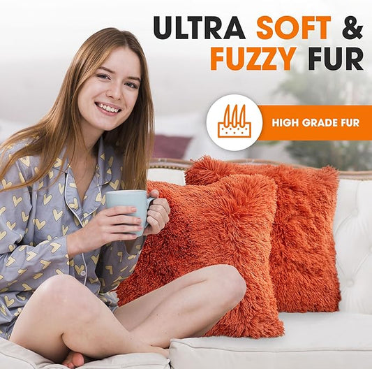 Cheer Collection Throw Pillows for Couch and Bed, Soft Shaggy Throw Pillows with Inserts Included, Cozy Long Hair Faux Fur Pillows - Set of 2-20" x 20" - Rust Orange