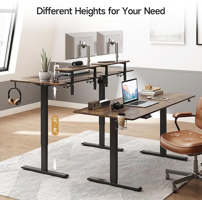 ONBRILL Standing Desk with 2 Adjustable Monitor Shelves, 71 x 24 Inches Electric Stand Up Desk with Memory Controller and Adjustable Height from 28-46 inches for Computer Workstations, Rustic Brown