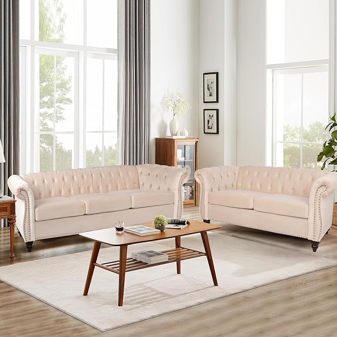 Velvet Loveseat Sofa, Mid Century Modern Upholstered Couch, 62" Oversized Comfy 2 Seater Love Seat Couch with Cushions, Tufted Chesterfield Sofa for Living Room, Bedroom, Apartment (Beige)
