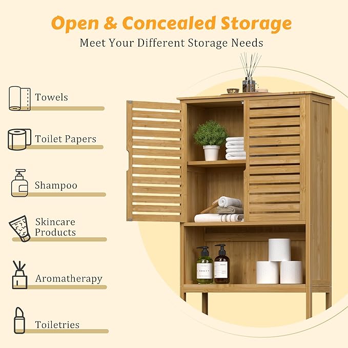 MUPATER 67" H Bathroom Over The Toilet Storage Cabinet with Doors and Shelves, Bamboo Over Toilet Organizer, Freestanding Tall Space Saver Toilet Rack, Natural Wood