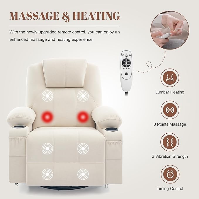 Oversized Swivel Rocker Recliner Sofa Chair with Heat and Massage, Large Big Recliner for Living Room,360 Degree Swivel Rocking Single Sofa with Cup Holders and USB Port(Fabric, Light Beige)