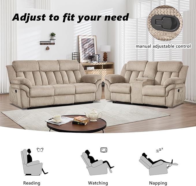 CANMOV Recliner Sofa Set,Manual Recliner Loveseat and 3-Seat Sofa with Overstuffed Armrest for Living Room,Bedroom Furniture,Office,Light Brown,2+3 Seat