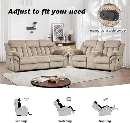 CANMOV Recliner Sofa Set,Manual Recliner Loveseat and 3-Seat Sofa with Overstuffed Armrest for Living Room,Bedroom Furniture,Office,Light Brown,2+3 Seat