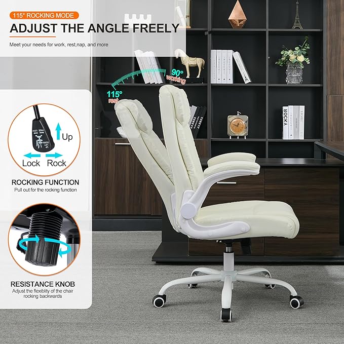 Office Desk Chair,Ergonomic Conference Room Chairs,Mid Back Executive Leather Chair,Comfy Computer Desk Chairs with Adjustable Flip-Up Arms and Rocking Function (Beige)