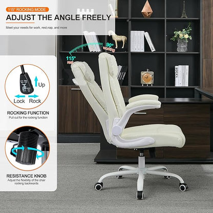 Office Desk Chair,Ergonomic Conference Room Chairs,Mid Back Executive Leather Chair,Comfy Computer Desk Chairs with Adjustable Flip-Up Arms and Rocking Function (Beige)