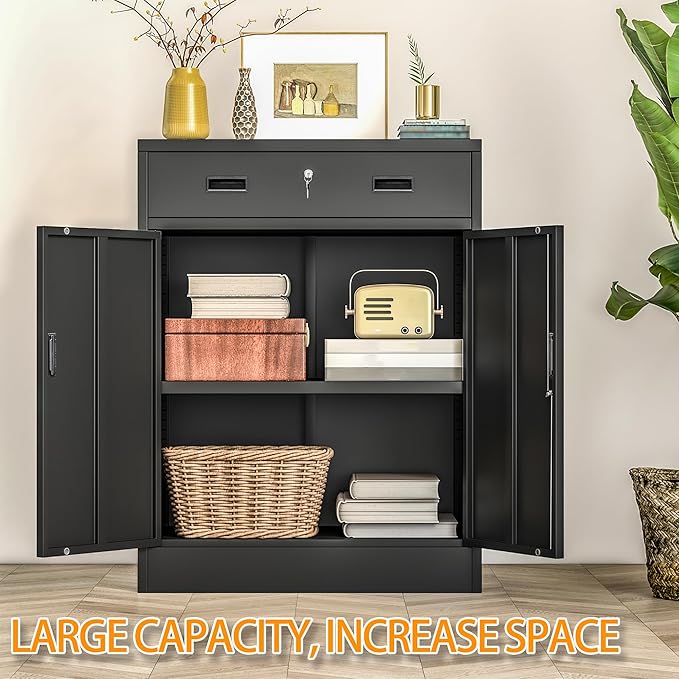 Metal Storage Cabinet, 36 Inch Tall Metal Storage Cabinet with Doors and Shelves, Pantry Cabinets with Drawer for Kitchen Storage, Garage Cabinet for Living, Dining Room, Assemble Required.