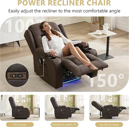 Power Recliner Chair with Heat and Massage, PU Leather Recliner Chair with Cup Holder, Reclining Sofa Home Theater Seating with LED Ambient Light, Side Pockets for Living Room and Bedroom, Brown