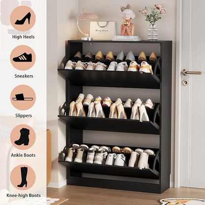 Shoe Storage Cabinet, Wood Shoe Organizer for Entryway with 3 Flip Drawers, Freestanding Shoe Rack with Adjustable Shelf, Narrow Shoe Dresser for Front Door Entrance(Black, 47.2" x 31.5" x 9.25")