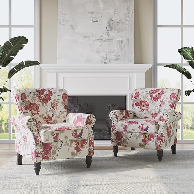 Accent Chair, Upholstered High Back Floral Armchair with Nailhead Trim & Wood Legs, Comfy Wingback Reading Single Sofa Chair for Small Spaces, Living Room, Bedroom-White Floral, Set of 1