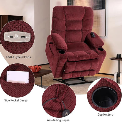 EONIX Dual Motor Wide Power Lift Recliner Chair for Elderly, Oversized Lay Flat Lift Chair with Heat and Massage and Cup Holders, 400lbs Heavy Duty Big and Tall Lift Recliner, Burgundy
