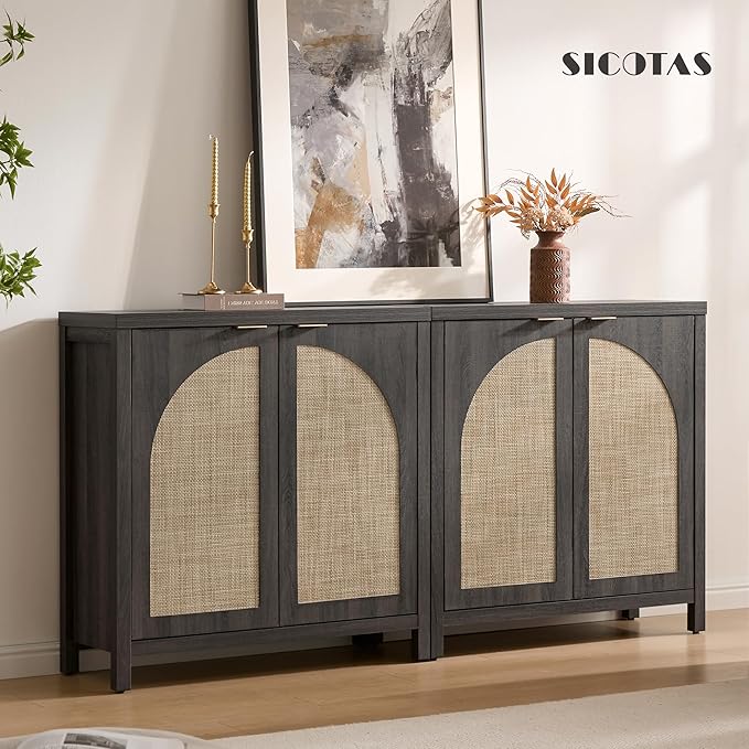 SICOTAS Rattan Sideboard Buffet Cabinet with Storage, Modern Credenza Storage Cabinet with Arch Doors & Adjustable Shelves, Coffee Bar Media Console Cabinets for Kitchen, Living Room, Black Oak