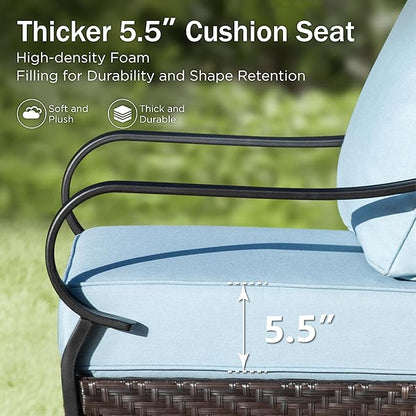 PHI VILLA Patio Furniture Set with 56" Fire Pit Table, Premium Outdoor Wicker Metal Frame Furniture with Upgraded Waterproof Thick Cushions for Porch, Poolside, Deck, and Yard （5 Pieces, Blue