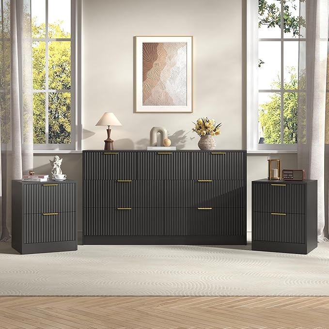 3-Piece Modern Bedroom Furniture Set, Wide 7-Drawer Dresser & 2-Drawer Nightstands Set of 2, Natural Wood Dresser and Nightstand Sets for Bedroom, Hallway, Black