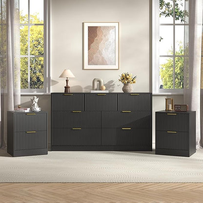 3-Piece Modern Bedroom Furniture Set, Wide 7-Drawer Dresser & 2-Drawer Nightstands Set of 2, Natural Wood Dresser and Nightstand Sets for Bedroom, Hallway, Black