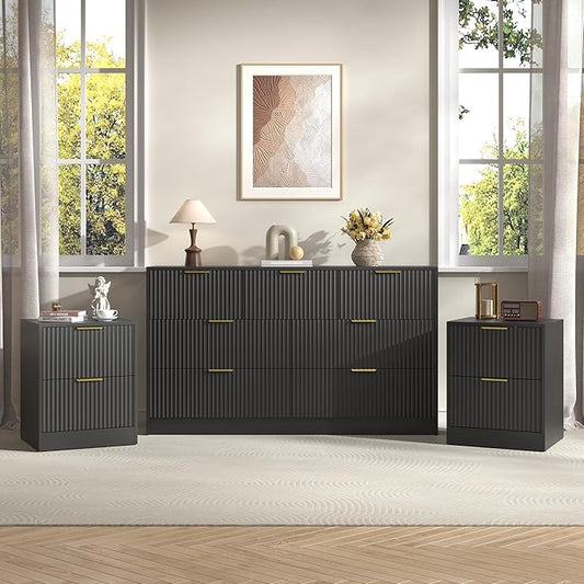 3-Piece Modern Bedroom Furniture Set, Wide 7-Drawer Dresser & 2-Drawer Nightstands Set of 2, Natural Wood Dresser and Nightstand Sets for Bedroom, Hallway, Black