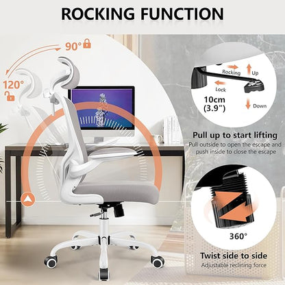 FelixKing Office Chair with Headrest, Ergonomic Desk Chair with Wheels, Task Swivel Comfy Chair with Adjustable Lumbar Support, Breathable Mesh Computer Chair with flip-up Armrests for Home (Gray)