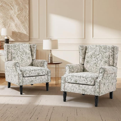 Lumibee High Back Accent Chair Set of 2, Armchair in Fabric,Comfy Upholstered Wingback Single Sofa Reading Chairs with Solid Wood Legs for Living Room,Bedroom,Office-Rococo Green
