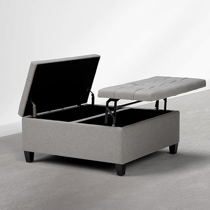 SIMPLIHOME Harrison Coffee Table Storage Ottoman - 36 inch Wide Upholstered Linen Look Fabric Square Storage Ottoman in Oyster Grey, Transitional Tufted Ottoman for Living Room with Split Lift-Up Lid