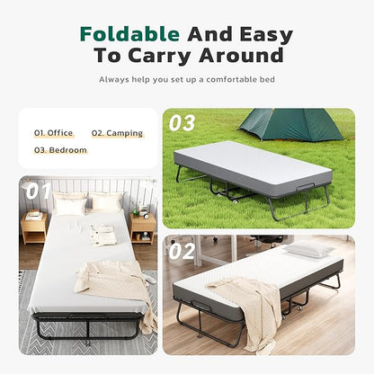 Greenvelly Folding Bed with Mattress,75" x 31" Foldable Beds for Adults, Roll Away-Bed with Mattress and Metal Frame for Home Office,Guest,Living Room