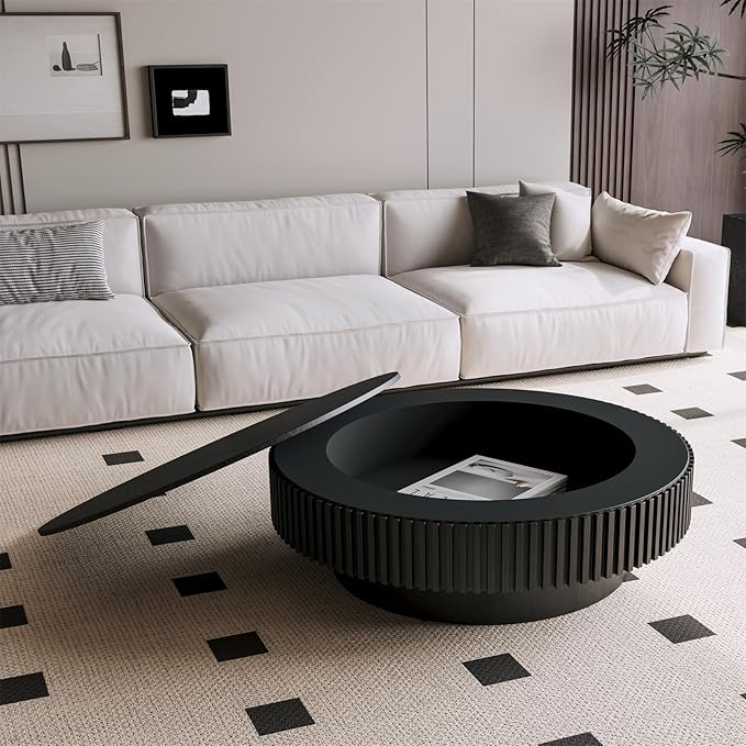 39.37'' Round Coffee Table for Living Room, Fluted Coffee Table with Hidden Storage, Solid Wood Veneered Circle Table, Modern Tea Table for Small Space Apartment (Black)