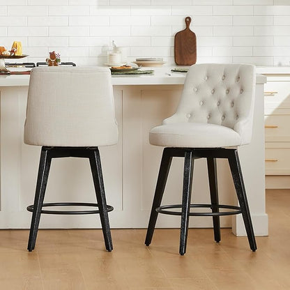 Watson & Whitely Counter Height Bar Stools, Performance Fabric Upholstered Modern Swivel Barstool with Back, Solid Wood Legs, 26" H Seat, Linen