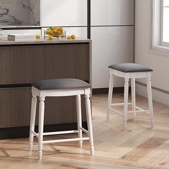 COSTWAY Upholstered Bar Stools Set of 2, 24-Inch Backless Counter Height Dining Stools with Delicate Wood Carving, Footrest, Solid Rubber Wood Frame, Farmhouse BarStools for Kitchen Island Bar, White