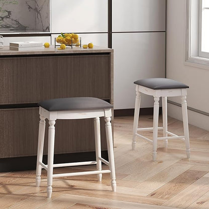COSTWAY Upholstered Bar Stools Set of 2, 24-Inch Backless Counter Height Dining Stools with Delicate Wood Carving, Footrest, Solid Rubber Wood Frame, Farmhouse BarStools for Kitchen Island Bar, White