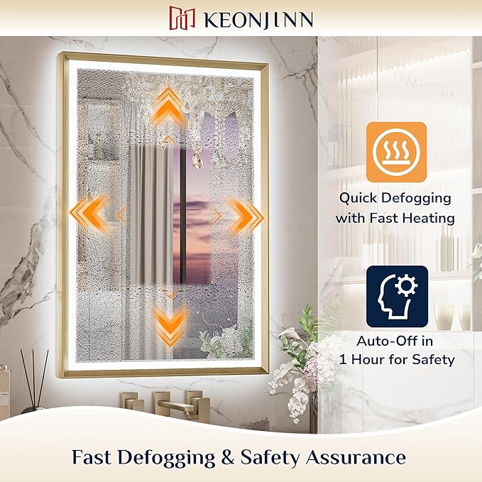 Keonjinn 55” x 36” LED Bathroom Mirror with Frontlit & Backlit, Gold Metal Framed Lighted Mirror with Stepless Dimmable 3-Color Temperatures, Anti Fog, UL-Listed Driver, No Dark Corner