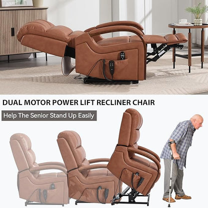 Dual Motor Recliner Lift Chair with Heat and Massage, Heavy Duty Leather Power Lift Recliner Chair Idea Gifts for Seniors, Stand Assistance, Orange