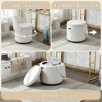 LukeAlon Sherpa Makeup Ottoman with Storage, Upholstered 360° Swivel Vanity Stool with Foldable Backrest Modern Cylindrical Footrest Stool for Living Room Bedroom, White