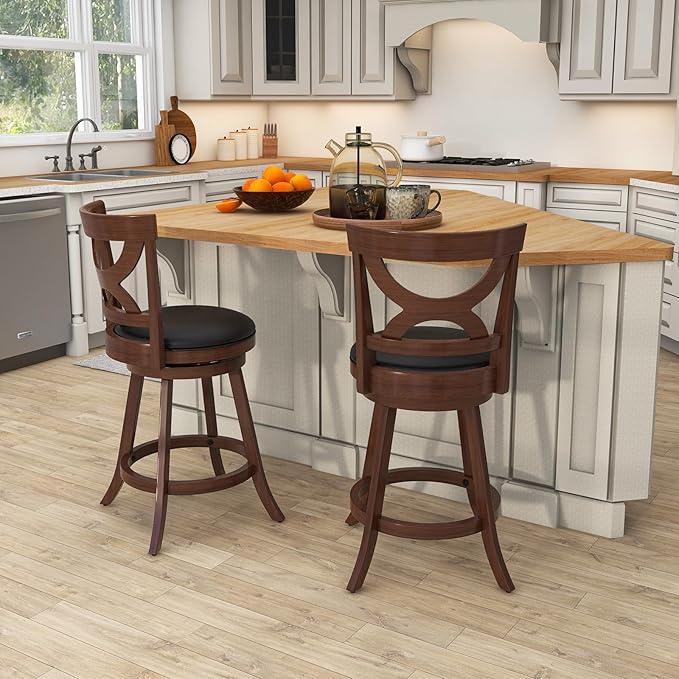 COSTWAY Bar Stools Set of 4, 360-Degree Swivel Chairs with Soft Cushion & Elegant Hollow Backrest, Rubber Wood Footrests, Upholstered Swivel Counter Stools for Kitchen Island, Pub, Café (4, 24‘’)