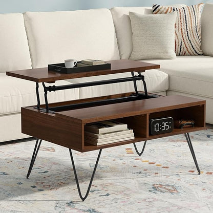SIMPLIHOME Hunter Small Lift Top Coffee Table - 36 inch Wide Solid Walnut Veneer and Metal Industrial Cocktail Table, Living Room Table with Hidden Storage, 2 Cubbies, and Hairpin Legs