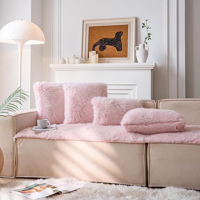 Neelvin Pink Faux Fur Cozy Fluffy Double-Sided Decorative Throw Pillow Covers 24x24 inch Set of 2,Velvet Pillowcase Cushion Case for Sofa Couch