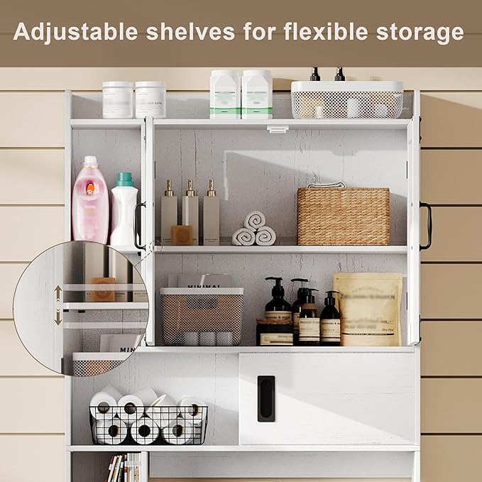 ChooChoo Over The Toilet Storage Cabinet, Farmhouse Bathroom Shelf Over Toilet with Adjustable Shelves, Above Toilet Storage Cabinet with Sliding Door for Bathroom, Laundry Room, White
