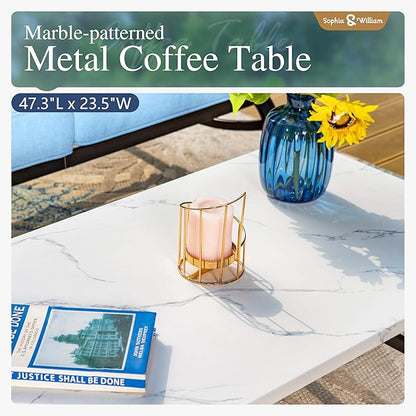 Sophia & William Patio Furniture Sets 7 Seats Outdoor Conversation Set 6 Pcs,2 x Cushioned Swivel Sofa Chairs,1 x 3-Seat Sofa,2 Ottomans, Marbling Metal Coffee Table Patio Backyard Poolside Blue