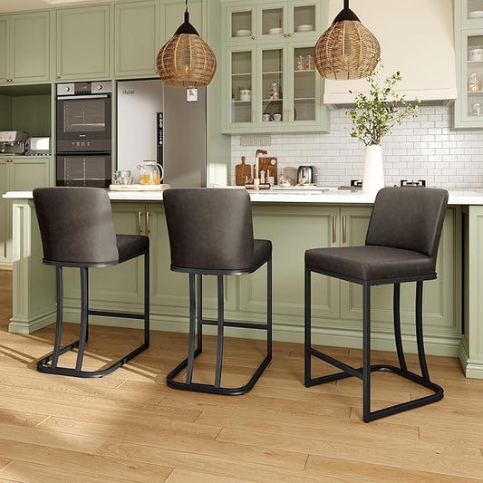 MAISON ARTS Counter Height Bar Stools with Back Set of 3 for Kitchen Counter, 24 Inch Modern Upholstered Faux Leather Barstools Farmhouse Bar Chairs Luxury Island Stools Support 330LBS, Grey
