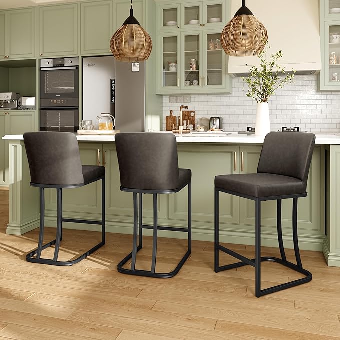 MAISON ARTS Counter Height Bar Stools with Back Set of 6 for Kitchen Counter, 24 Inch Modern Upholstered Faux Leather Barstools Farmhouse Bar Chairs Luxury Island Stools Support 330LBS, Grey