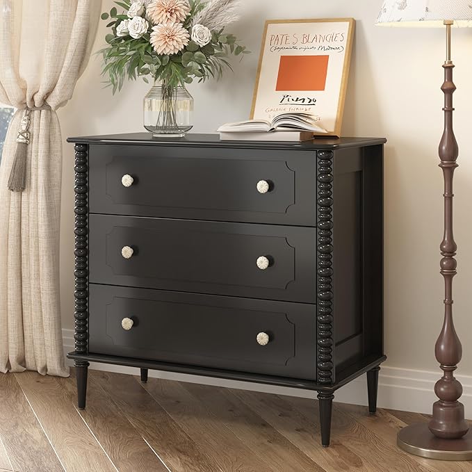 3 Drawer Dresser, 32 inch Wide Dresser for Bedroom, Modern Wood Chest of Drawers, Turned Legs Nightstand with 3 Drawers for Dorms, Hallway, Entryway (Black)