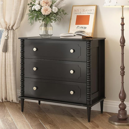 3 Drawer Dresser, 32 inch Wide Dresser for Bedroom, Modern Wood Chest of Drawers, Turned Legs Nightstand with 3 Drawers for Dorms, Hallway, Entryway (Black)