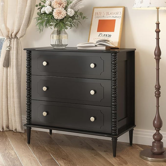 3 Drawer Dresser, 32 inch Wide Dresser for Bedroom, Modern Wood Chest of Drawers, Turned Legs Nightstand with 3 Drawers for Dorms, Hallway, Entryway (Black)
