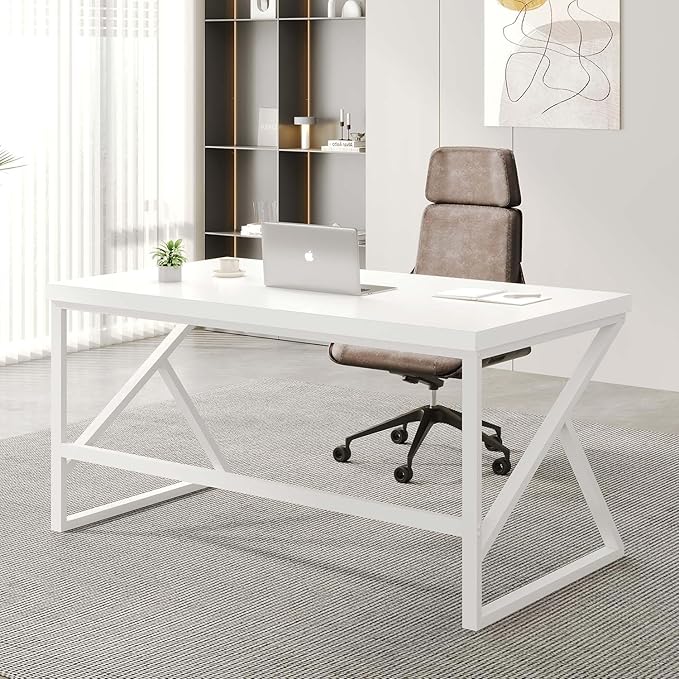 HSH White Computer Desk, Modern Wood Home Office Desk, PC Desk for Executive Work Writing Study Gaming Student Bedroom, Farmhouse Simple Wooden and Metal Computer Table Workstation, White Oak 55 Inch