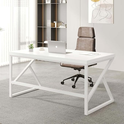 HSH White Computer Desk, Modern Wood Home Office Desk, PC Desk for Executive Work Writing Study Gaming Student Bedroom, Farmhouse Simple Wooden and Metal Computer Table Workstation, White Oak 55 Inch